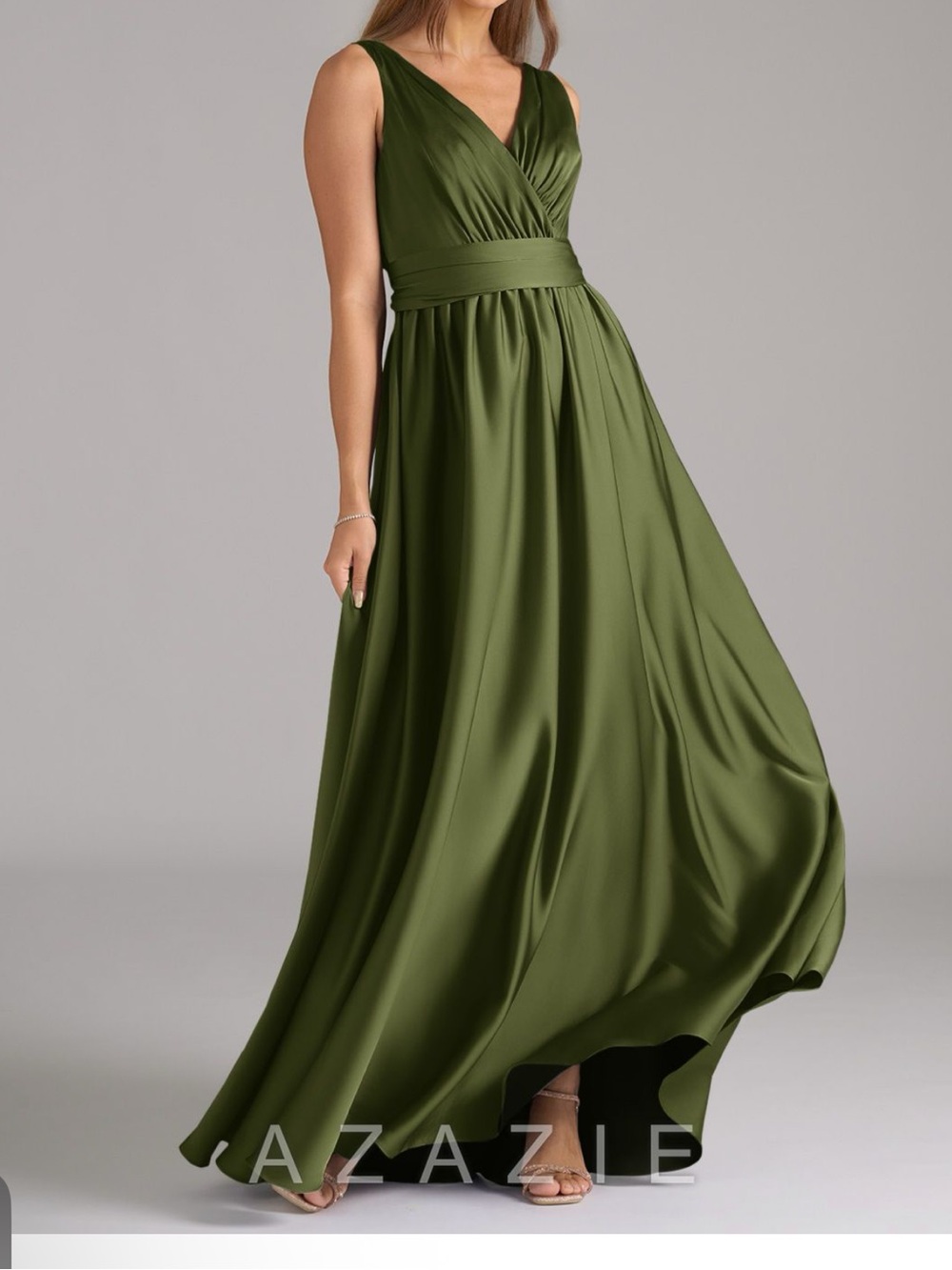 NWT Azazie Kora Olive Green Satin Stretch Tie Back Dress Plus Size 22 Prom